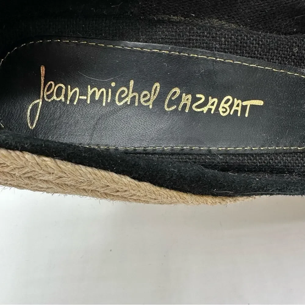 JEAN-MICHEL CAZABAT Black Suede Peep-Toe Espadrille Wedges Sz 37.5 ‎ US 7